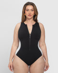 Size XL Model wears Crewy Surfy Shapewear One Piece Swimsuit - Contour Black/White front view