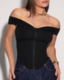 Corsety Draped Off Zipper Front Shapewear Shoulder Top - Black front view close up