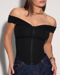 Corsety Draped Off Zipper Front Shapewear Shoulder Top - Black front view close up