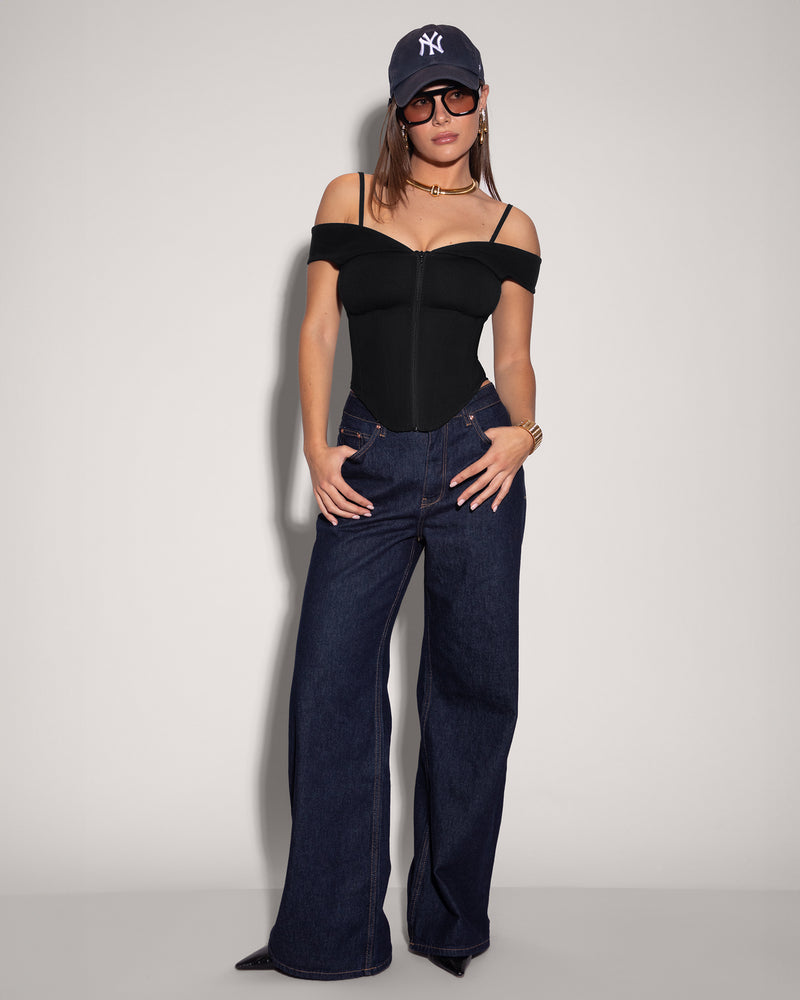 Model wears Corsety Draped Off Zipper Front Shapewear Shoulder Top - Black full body view