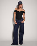 Model wears Corsety Draped Off Zipper Front Shapewear Shoulder Top - Black full body view