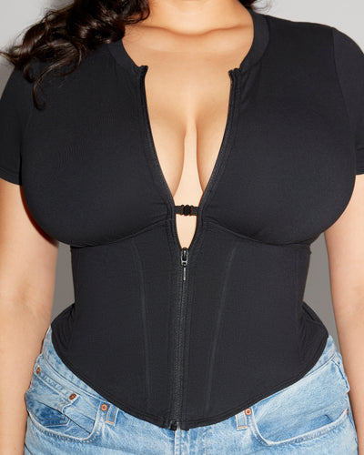 Short Sleeve Corsety Top - Black