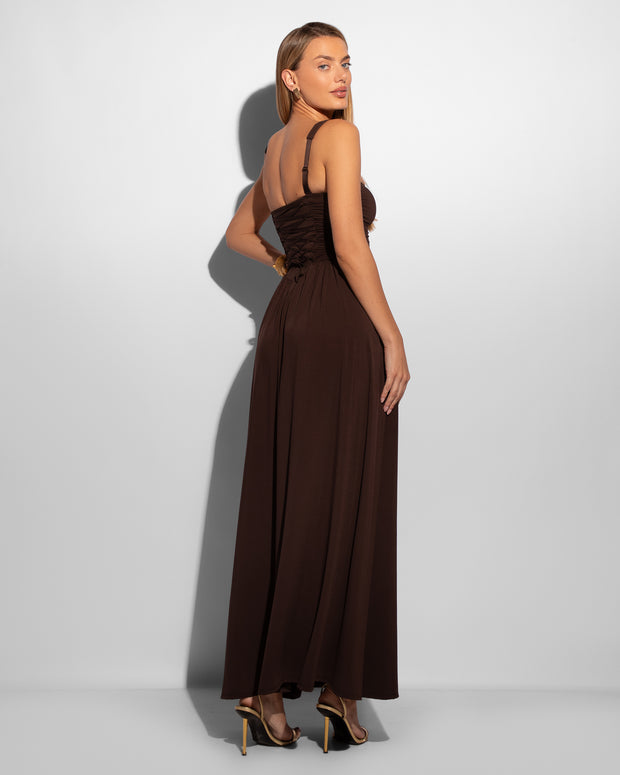 Model Wears Goddessy Maxi Shapewear Dress - Espresso Side View