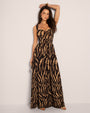 Model wears Goddessy Maxi Shapewear Dress - Golden Zebra full front view
