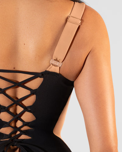 Detail shot of hardware and logo on the back strap 