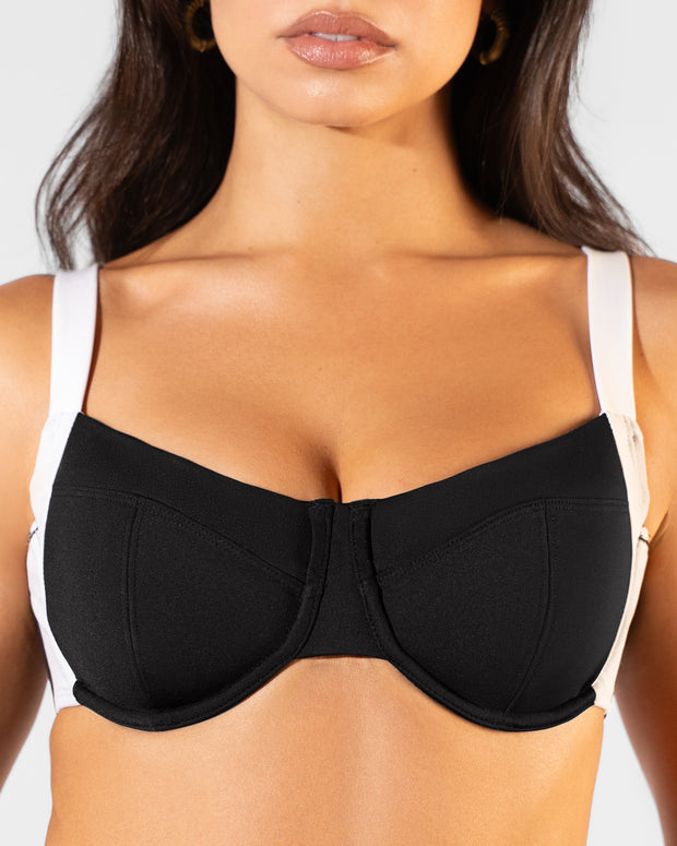 Close up image of Lifty Tie Back Bikini Top - Black/White front view on model
