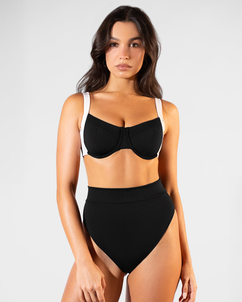 Full body front view of Lifty Tie Back Bikini Top - Black/White paired with Hi Cut Adjustable Kini Bottom - Black
