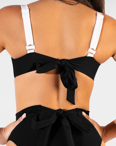 Close up detai shot of Lifty Tie Back Bikini Top - Black/White on model back view