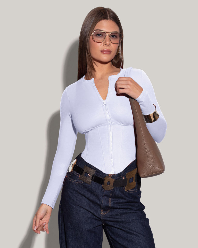 Long Sleeve Corsety Top - White