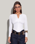 Model is posing in Long Sleeve Corsety Sculpting Shapewear Top - White full front view