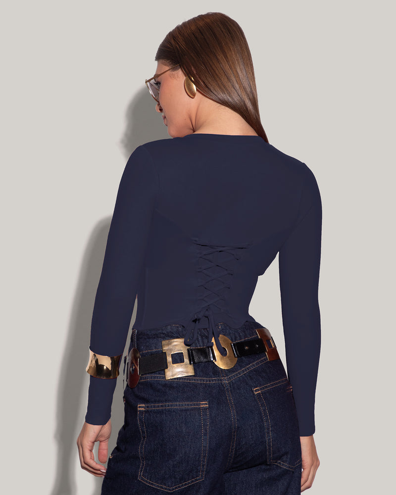 Model is posing in Long Sleeve Corsety Sculpting Shapewear Top - Midnight back view