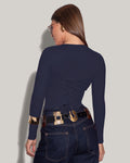 Model is posing in Long Sleeve Corsety Sculpting Shapewear Top - Midnight back view