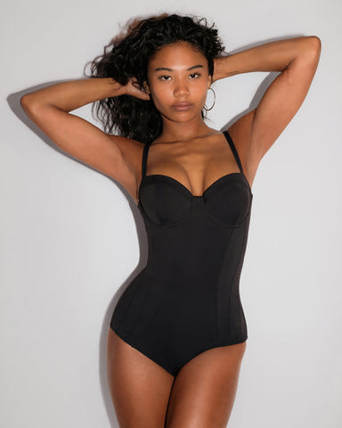 Model wears Lushy Hipster Full Butt Coverage Shapewear Swimsuit - Black