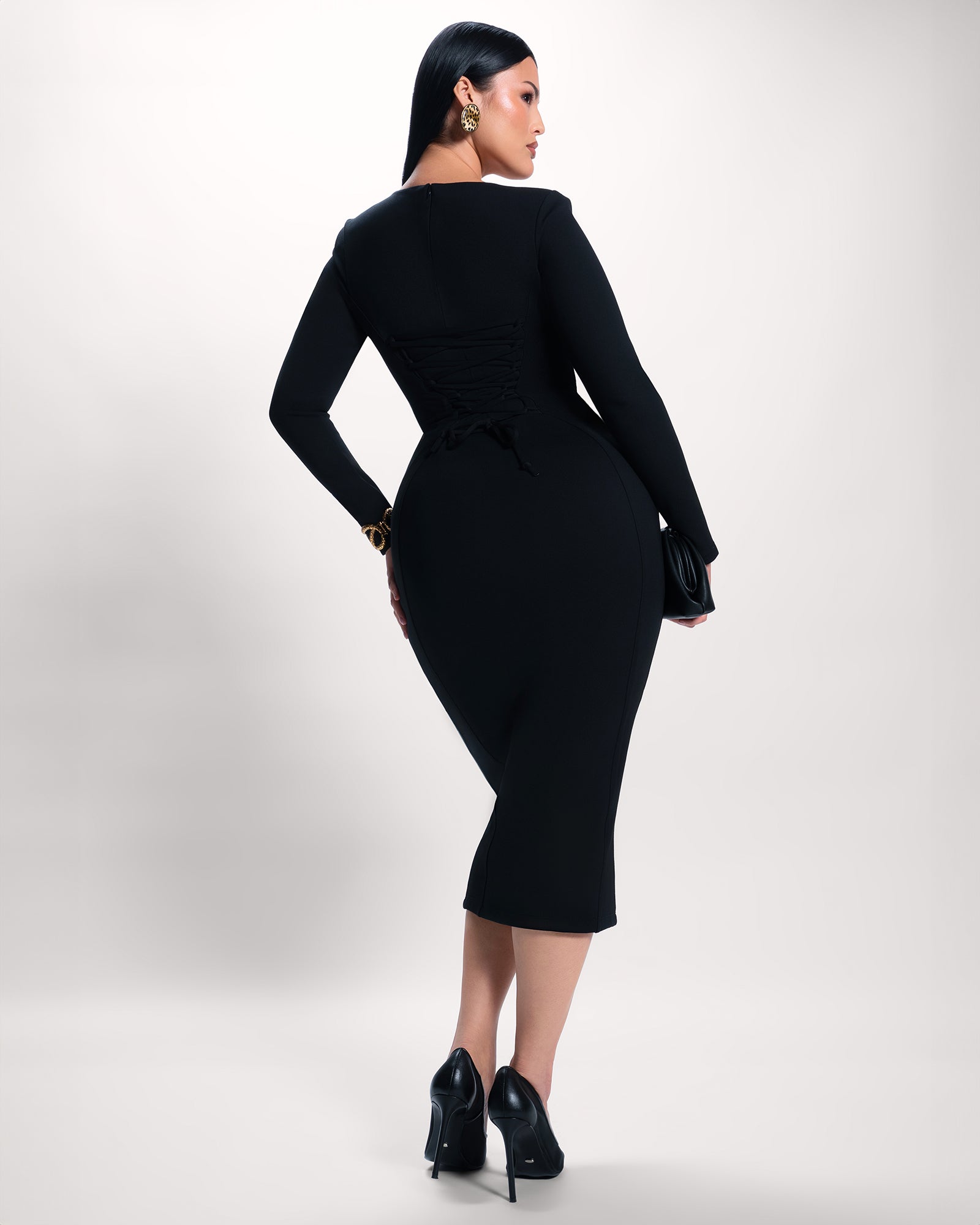 Notchy Long Sleeve Midi Shapewear Dress Black TA3 Notchy Long Sleeve Midi Shapewear Dress Black TA3