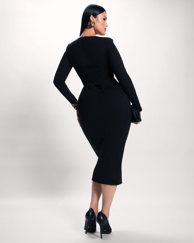 Full body back view Notchy Long Sleeve Midi Dress - Black