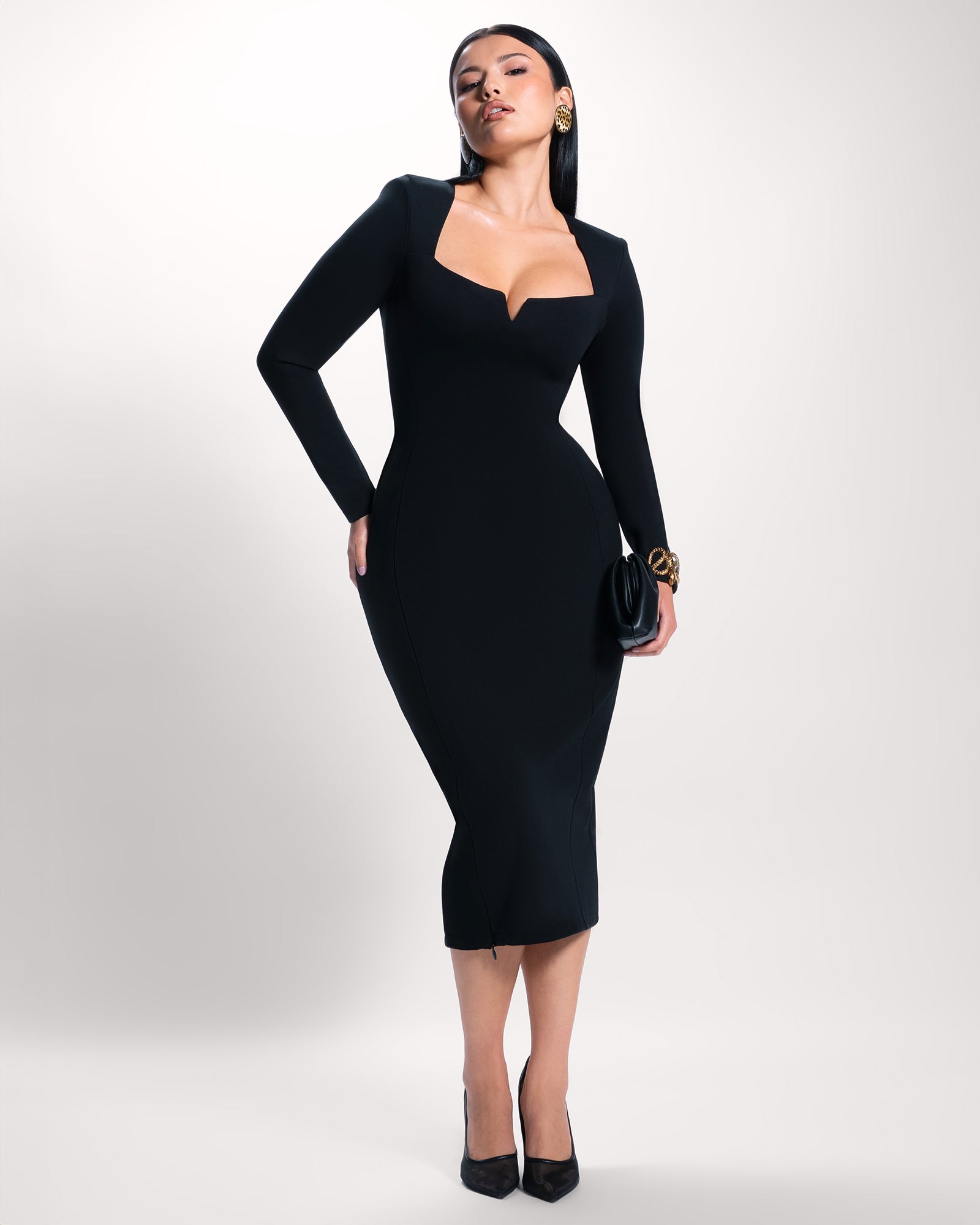 Notchy Long Sleeve Midi Shapewear Dress - Black | TA3