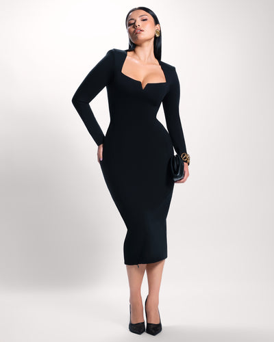Model wearing Notchy Long Sleeve Midi Dress - Black full body front view