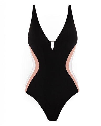 Model wears Plungey Triangle - Contour Black/Rose/White Shapewear Swimsuit side view