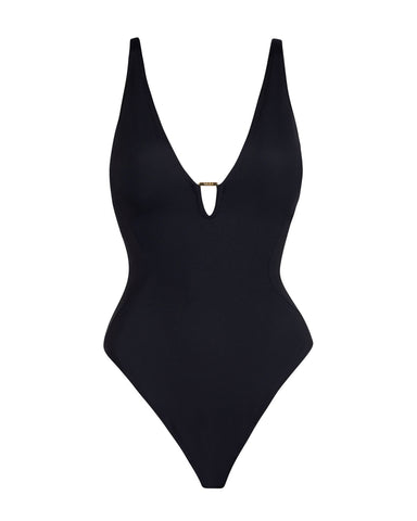 Model is in Plungey Triangle Thong One Piece Tummy Control Shapewear Swimsuit - Black front view