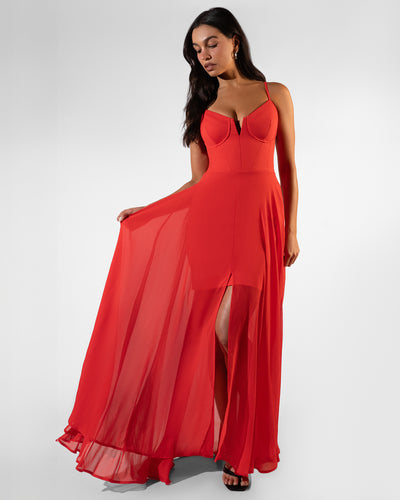 Full body view of Vixen Corset Maxi Dress - Red on model 
