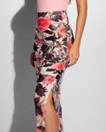 Ruched Sheer Side Slit Maxi Skirty - Rose Bloom side slit close up