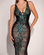 Close up front view of Ruched Sheer Maxi Skirty - Emerald Snake and Hi Cut Plungey Triangle - Emerald Snake on model