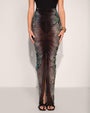 Model wears Ruched Sheer Maxi Skirty - Emerald Snake on model worn sideways 