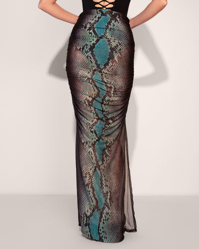 Close up back view of Ruched Sheer Maxi Skirty - Emerald Snake