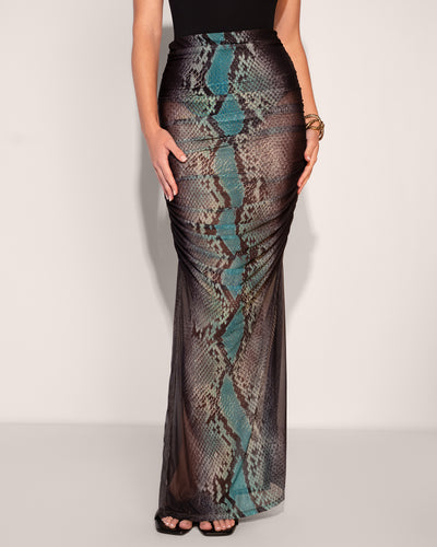 Front view close up of Ruched Sheer Maxi Skirty - Emerald Snake
