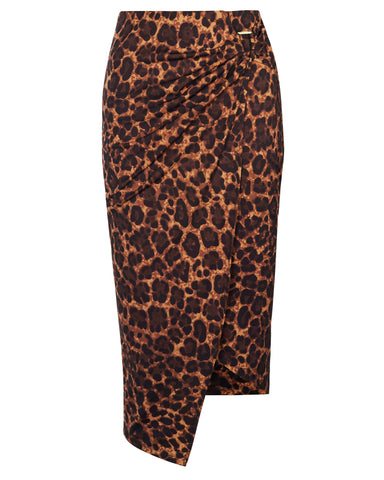 Model wears Sarong Skirty Knee Length Faux Wrap Cover-Up - All Over Leopard back view
