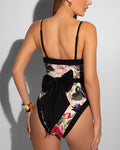Model wears Sashy One Piece Sculpting Shapewear Swimsuit - Contour Rose Bloom back view with a bow detail