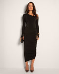Model wears Sculpty One Shoulder Long Sleeve Shapewear Top - Black and a skirt full font view