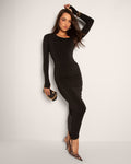 Model posing in Goddess Shaping Shapewear Midi Skirt - Black full front view