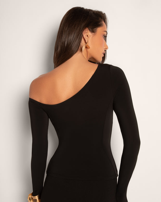 Model wears Sculpty One Shoulder Long Sleeve Shapewear Top - Black back view