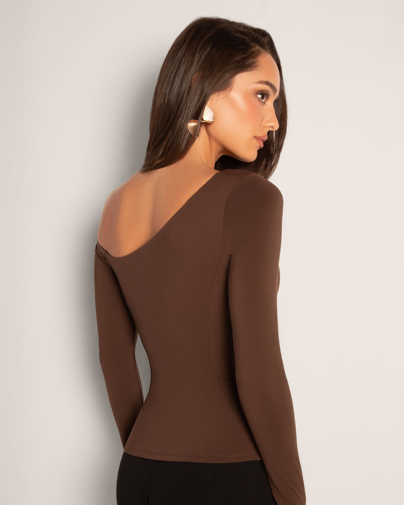 Model wears Sculpty One Shoulder Long Sleeve Shapewear Top - Espresso side view