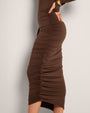 Model wears Goddess Shaping Shapewear Midi Skirt - Espresso close up side view