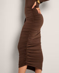 Model wears Goddess Shaping Shapewear Midi Skirt - Espresso close up side view