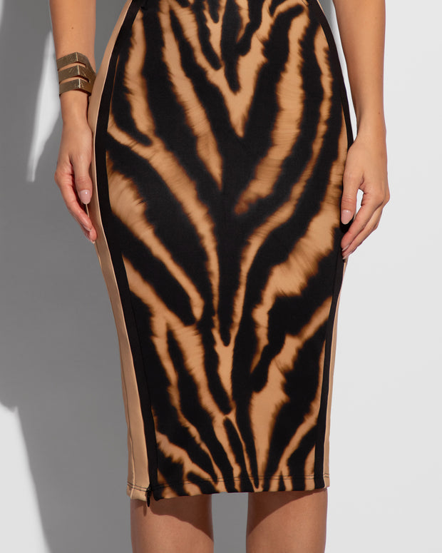Seamed Lushy Halter Shapewear Midi Dress - Contour Golden Zebra | TA3 Seamed Lushy Halter Shapewear Midi Dress - Contour Golden Zebra | TA3