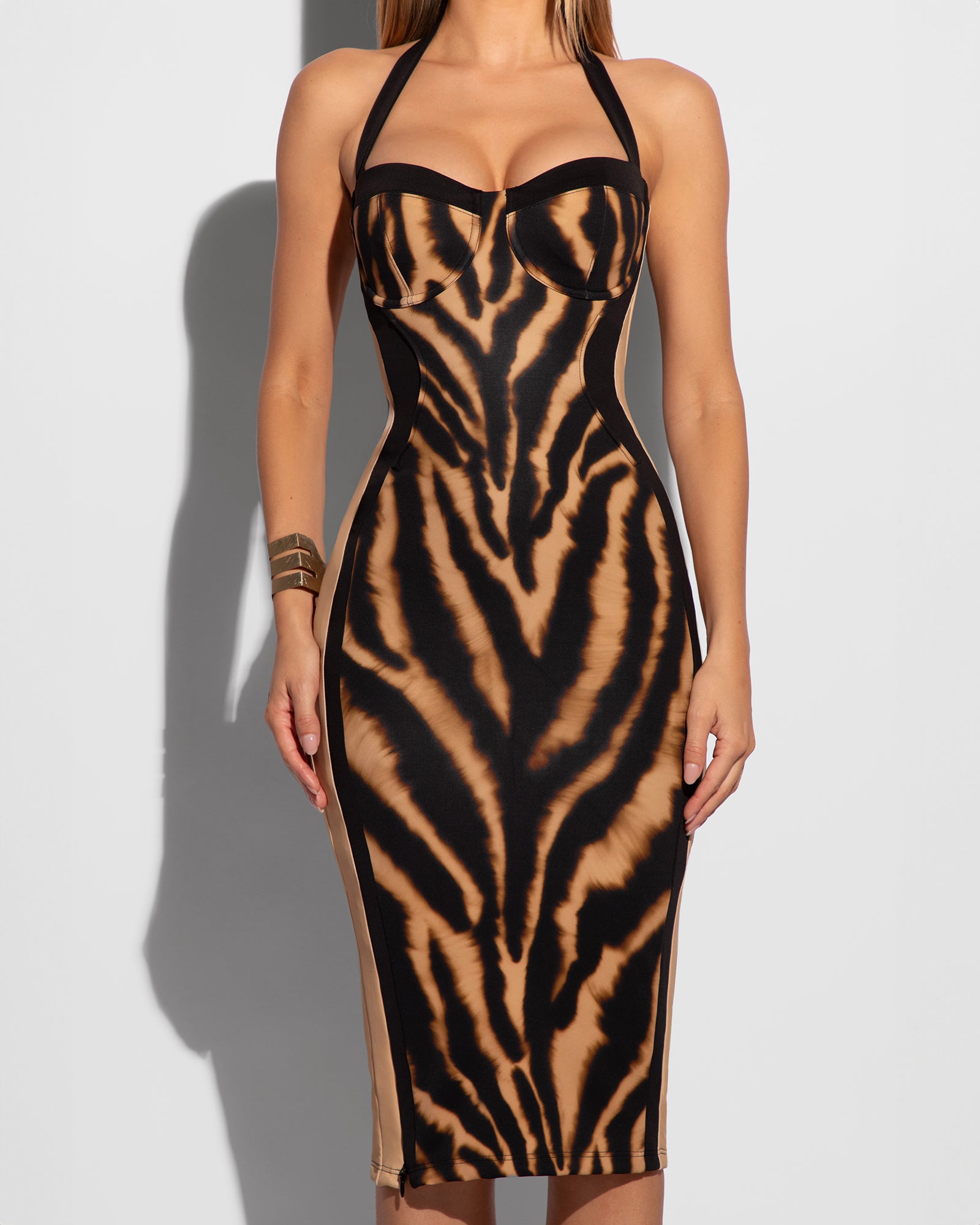 Seamed Lushy Halter Shapewear Midi Dress - Contour Golden Zebra | TA3