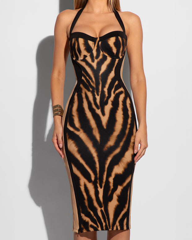 TA3 Seamed Lushy Halter Dress - Contour Golden Zebra - M - Shapewear Dress TA3 Seamed Lushy Halter Dress - Contour Golden Zebra - M - Shapewear Dress