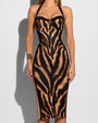 Model wears Seamed Lushy Halter Shapewear Midi Dress - Contour Golden Zebra Close Up