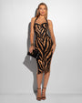 Model wears Seamed Lushy Halter Shapewear Midi Dress - Contour Golden Zebra Full Front View