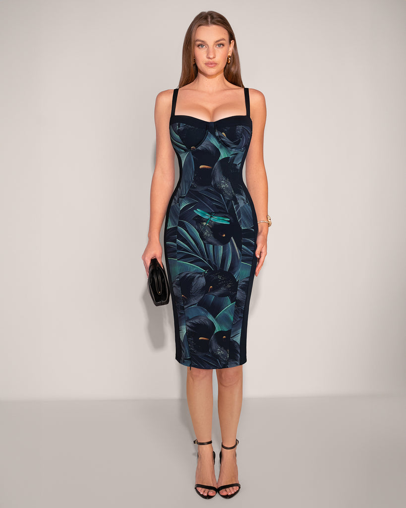 Model wearing Seamed Lushy Midi Dress - Frame Black Lily full body front view