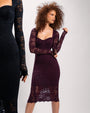 Zoomed in front view image of Seamed Lushy Long Sleeve Midi Dress - Lace Garnet and Lace Black