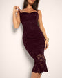Model posing in Seamed Lushy Midi Dress - Lace Garnet front view close up