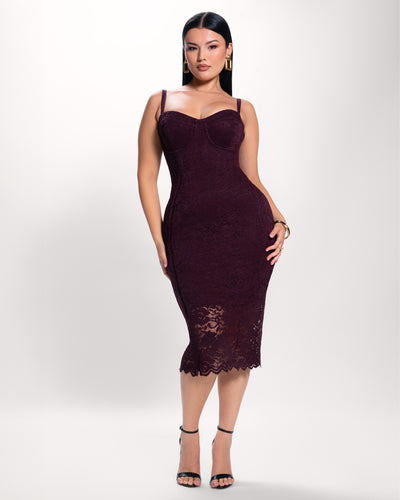 Model in Seamed Lushy Midi Dress - Lace Garnet full body front view