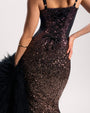Zoomed in back view of Seamed Lushy Midi Dress - Sequin Ombre Bronze/Plum