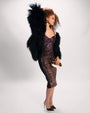 Model posing in Seamed Lushy Midi Dress - Sequin Ombre Bronze/Plum full body side view