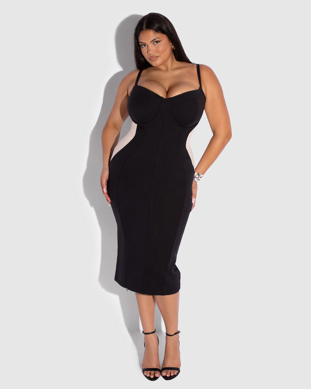 TA3 Seamed Lushy Midi Dress - Contour Black/Oat - XXS - Shapewear Dress TA3 Seamed Lushy Midi Dress - Contour Black/Oat - XXS - Shapewear Dress