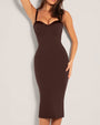Model wears Seamed Lushy Pencil Midi Shapewear Dress - Espresso Shine front view